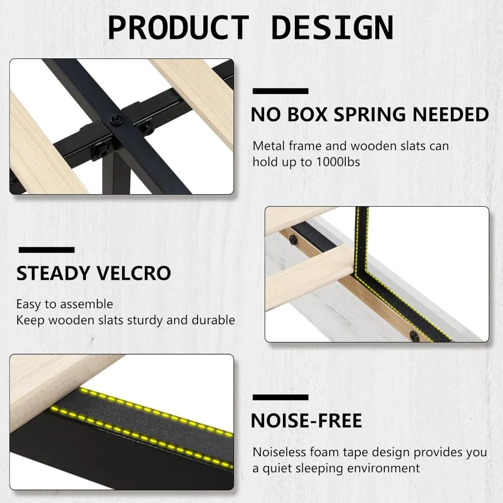 إطار سرير خشبي كامل الحجم مع ضوء RGBW LED، سرير بمنصة حديثة لمنتصف القرن مع لوح رأسي عائم وأرجل من الخشب الصلب، بدون Bo