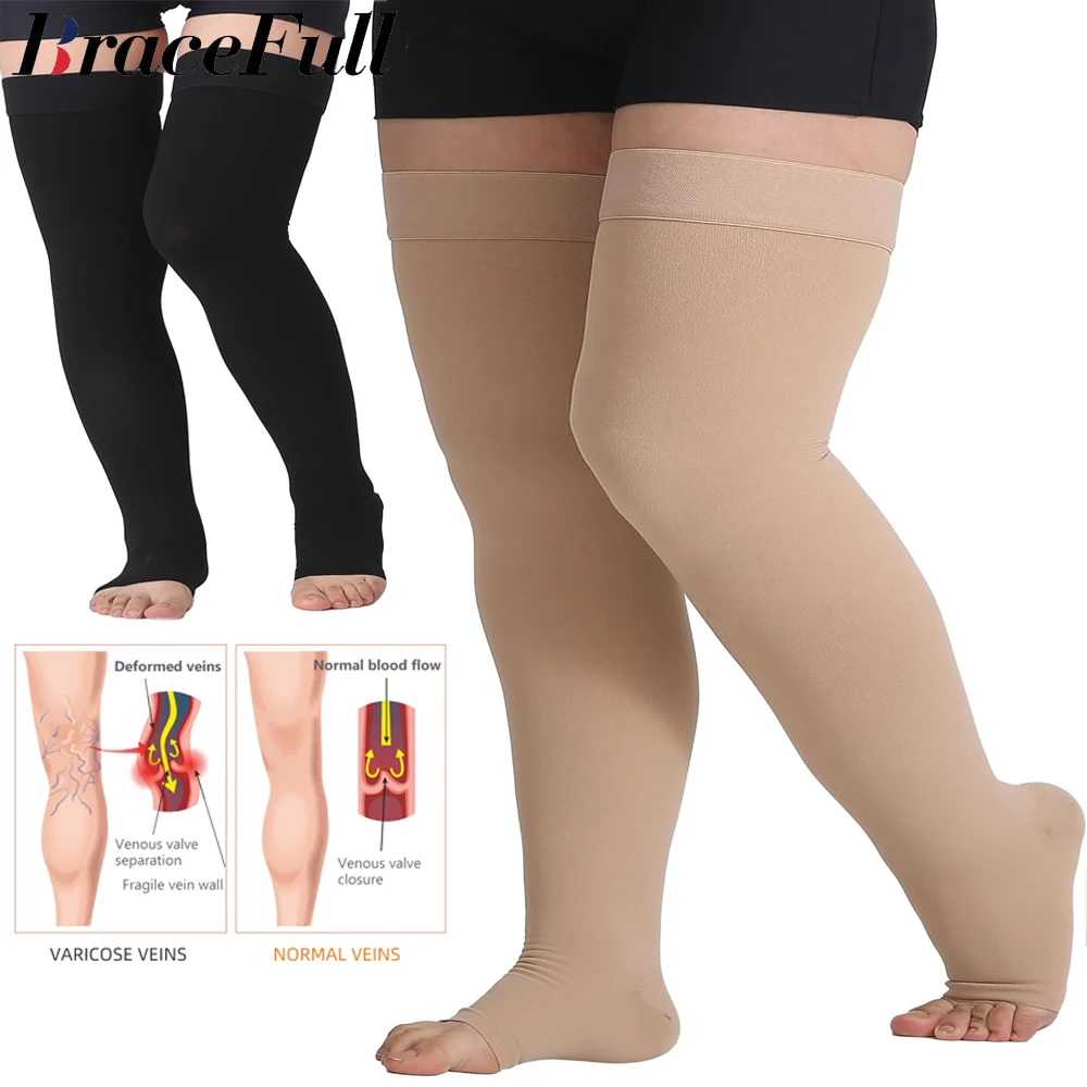 1Pair Thigh High Compression Stockings for Women,Open Toe, 20-30 mmHg Graduated Medical Compression Stockings for Edema