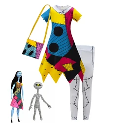 Film horror per bambini S-Sally Nightmare Before Christmas Costume per ragazze Pantaloni eleganti Set di borse Abiti per ragazze per feste di Halloween per bambini