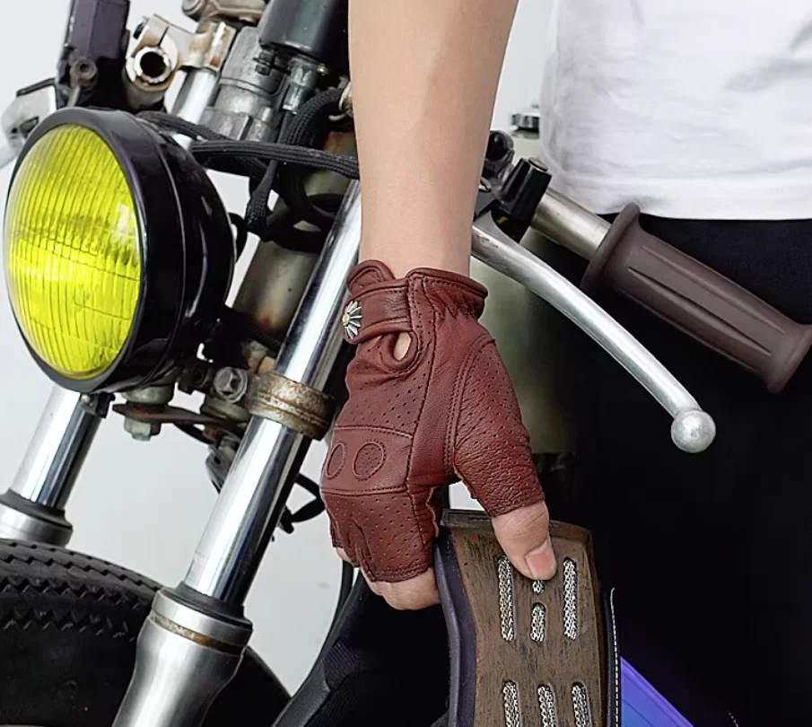 Uglybros Summer Motorcycle Gloves Breathable Half Finger Gloves Genuine Leather Retro Durable Bike Fingerless Gloves
