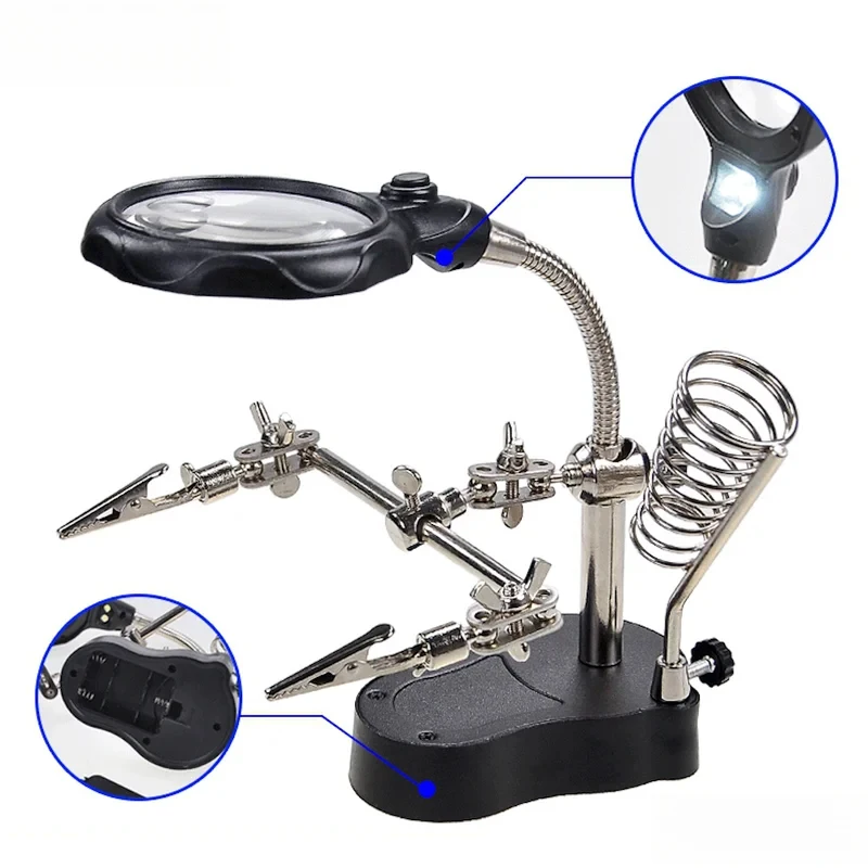 

2026 3.5X 12X Helping Hands Third Hand Soldering Iron Welding Stand Station with 2 LED Clip Welding Magnifier Magnifying Glass