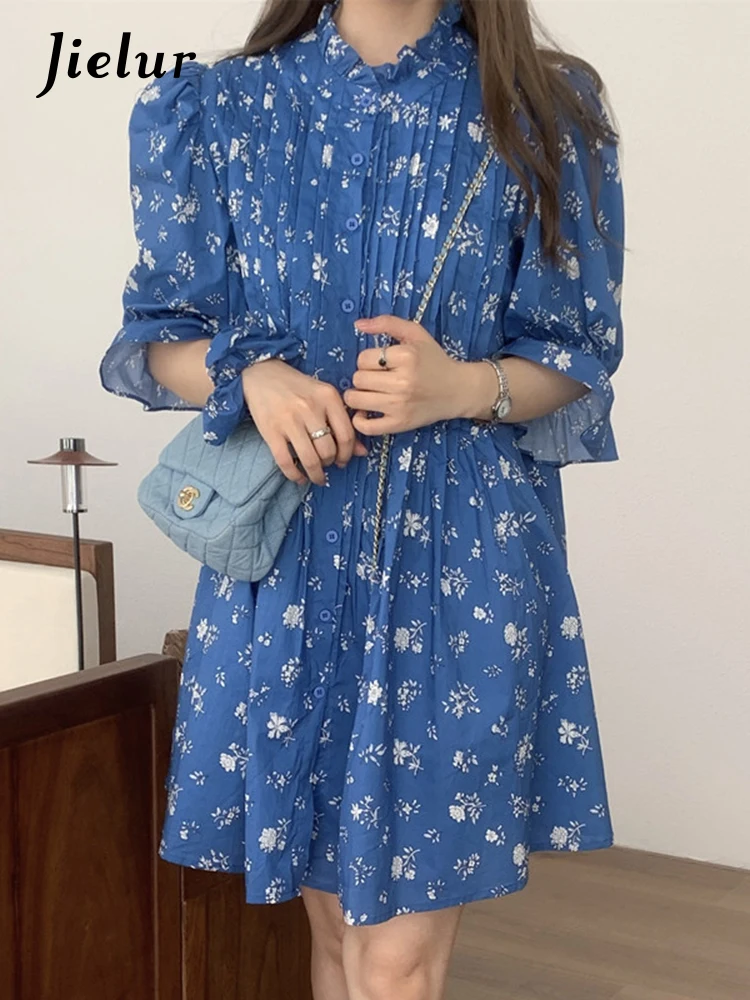 Summer New Retro Slim Street Woman Dress Sweet Elegant Fashion Women Dress Blue White Puff Sleeve Dresses Female Chicly