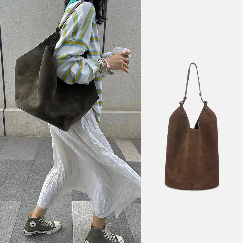 2024 new cowhide suede handbag dumpling bucket bag commuting large capacity niche single shoulder tote bag