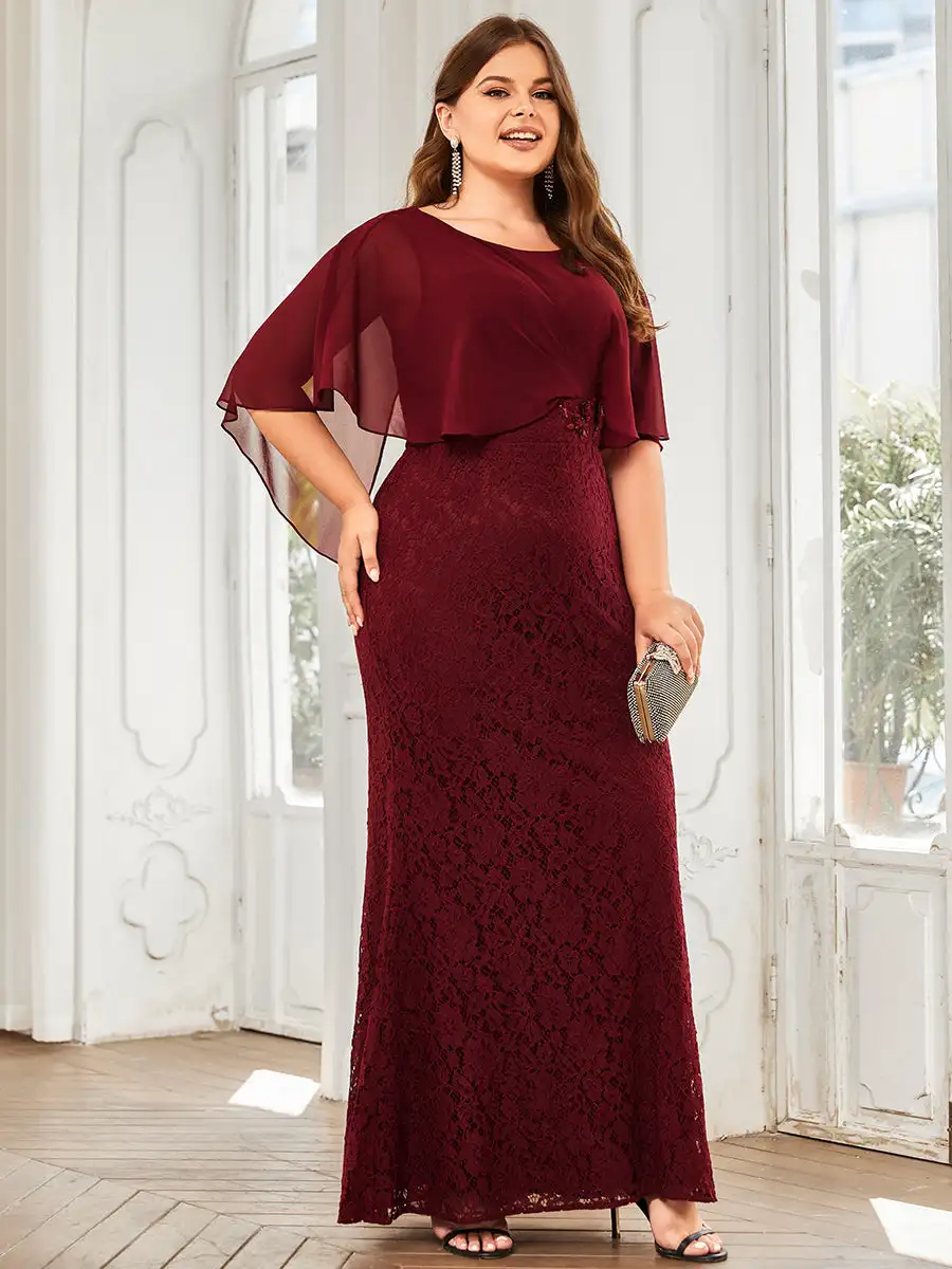 Vestidos de Noche elegantes de talla grande, mangas con volantes de cola de pez, cuello redondo, longitud hasta el suelo, Ever Pretty of Burgundy, dama de honor, 2024