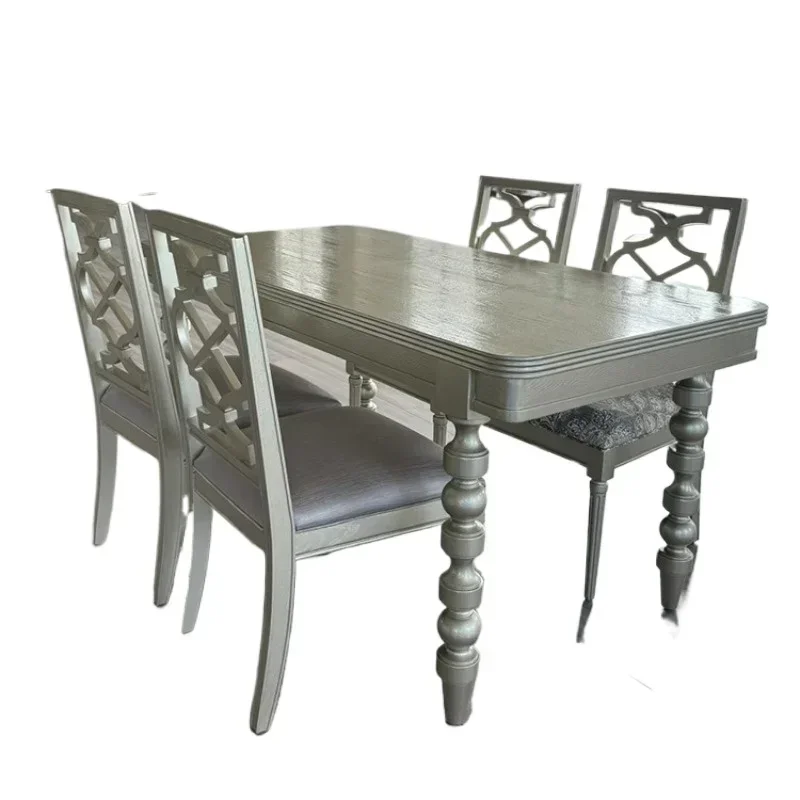 

Американский светлый роскошный обеденный стол из цельного дерева цвета шампанского и комбинация стульев Morrie Impression, прямоугольная вилла, ресторан