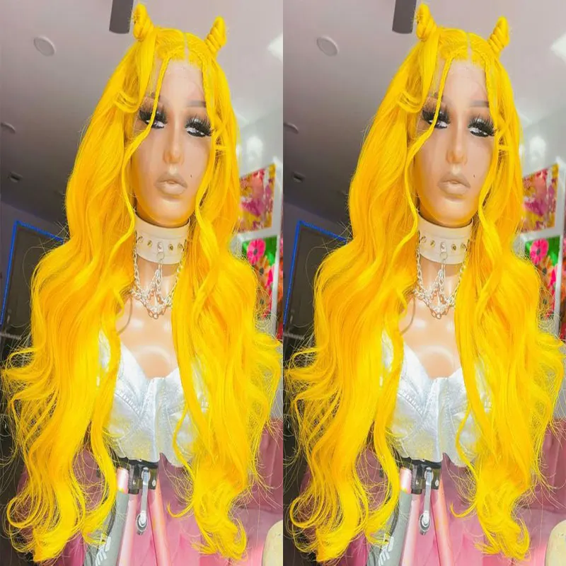 Bright Yellow Body Wave Synthetic 13x4 Lace Front Wigs High Quality Heat Resistant Fiber Hair Natural Hairline For Women Cosplay