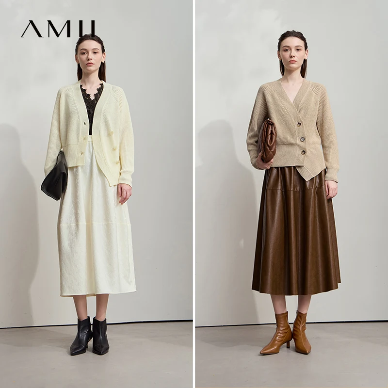 AMII Minimalistyczny Elegancki Damski Kardigan Jesień 2025 Francuski Dekolt w Serek Raglan Asymetryczne Luźne Codzienne Kardigany Dzianinowe 12523010