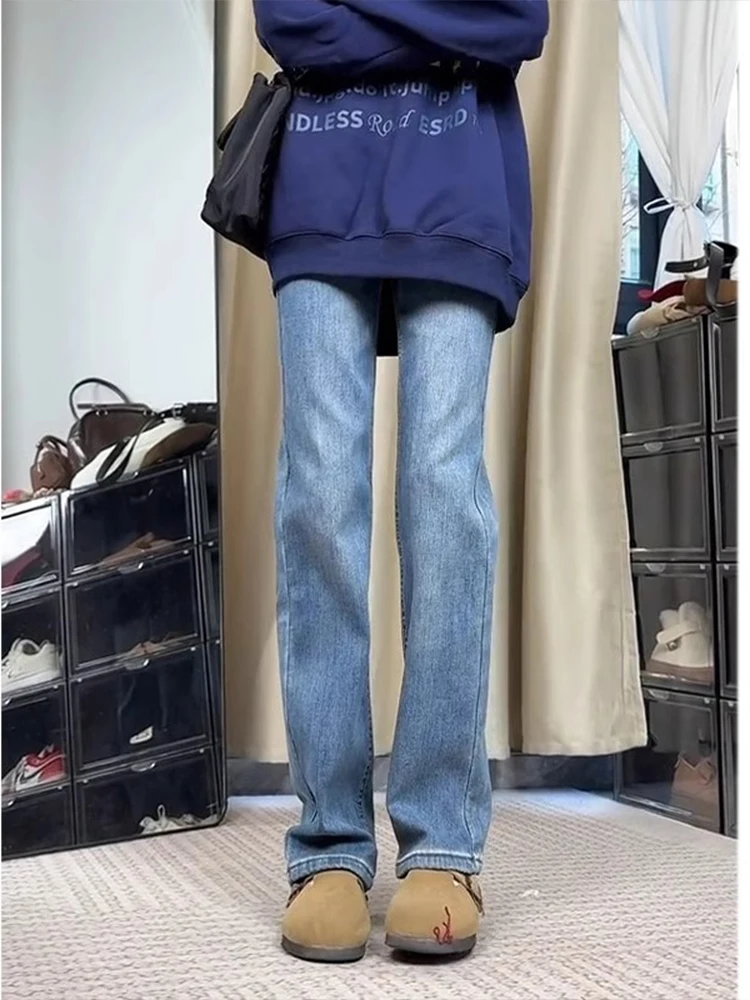 

Мужские джинсы прямого кроя с эффектом потертости, синие, американского стиля, весенние, для повседневного образа, зауженные, с высокой талией, узкие, слегка расклешенные