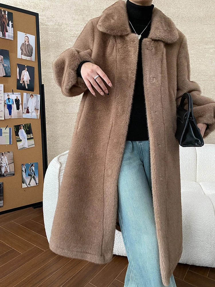 [EAM] Coffee Thick Warm Pocket Long Faux Fur Jacket New Lapel Long Sleeve Women Coat Fashion Tide Autumn Winter 2024 1DH7887