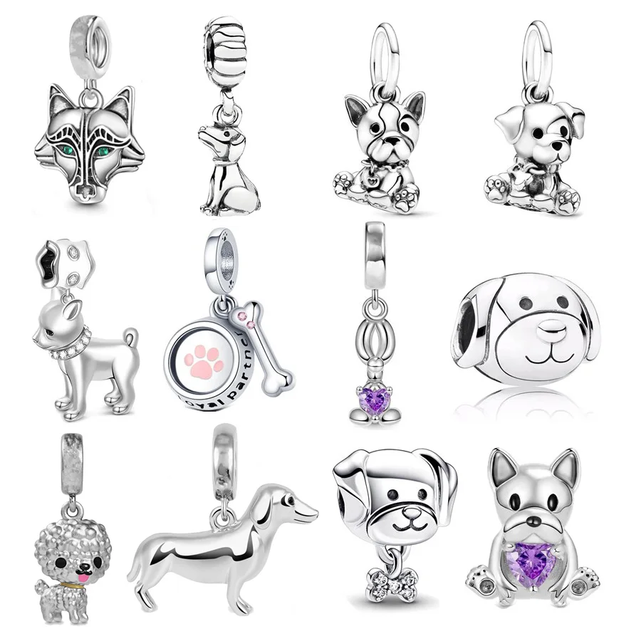 NEW Labrador Bulldog Puppy Pendant Embrace Heart Shaped Gem Charm Bead Fit Original Silver 925 Bracelet Necklace DIY Jewelry