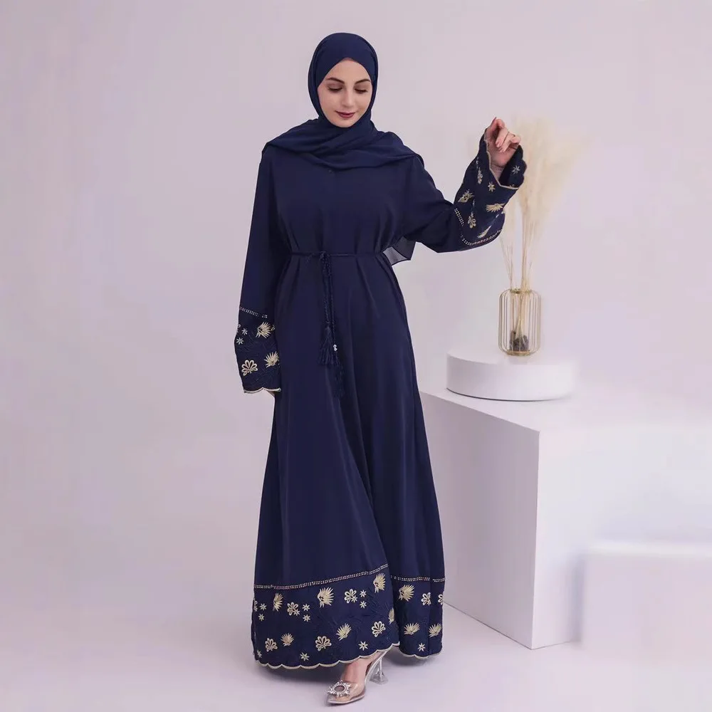 

New Premium Satin Muslim Casual Dresses Women Lady Elegant Embroidery Abaya Femmes Robe Musulmane Islamic Clothing