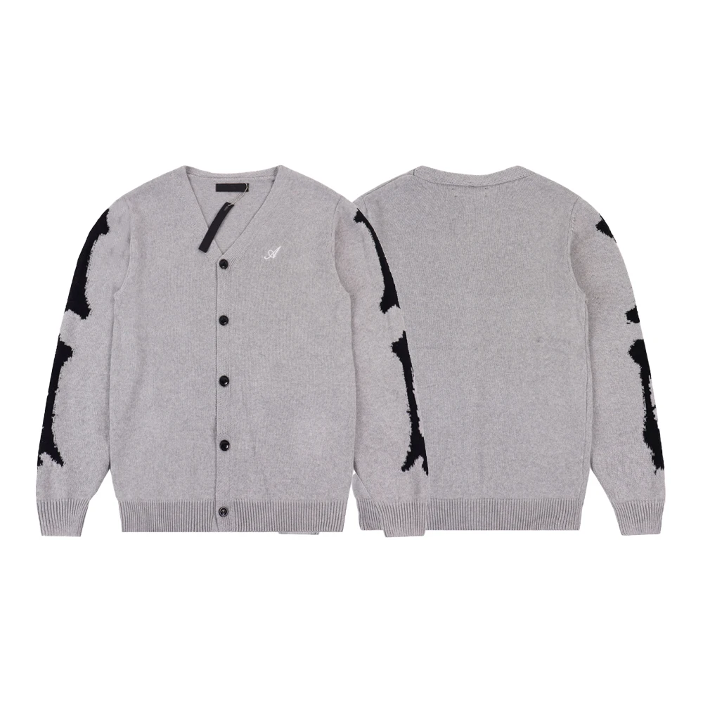 Autumn Men's Cardigans Streetwear V Neck Knit Hip Hop Street Style Knit Sweater Casual Cotton Bone Patterned Long Sleeve Sweater