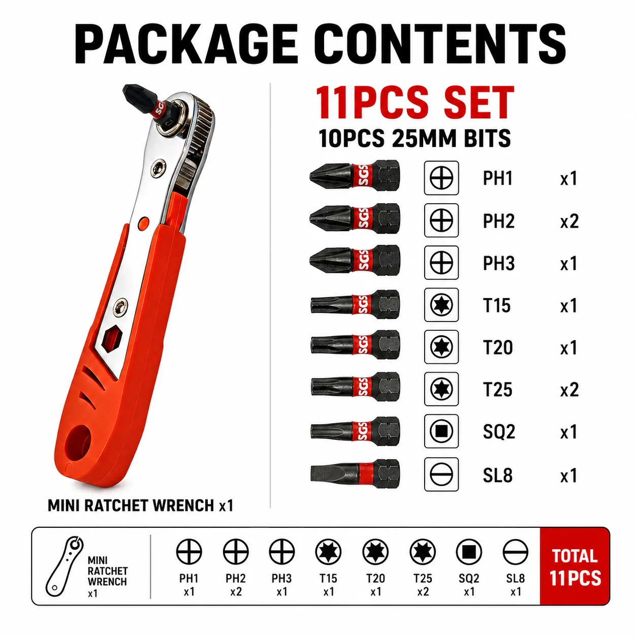 11PCS Mini Ratchet Screwdriver Set, 1/4 Inch Reversible Right Angle Wrench with 25mm S2 PH Torx SQ2 Slotted Bits for Cabinet Bike Repair