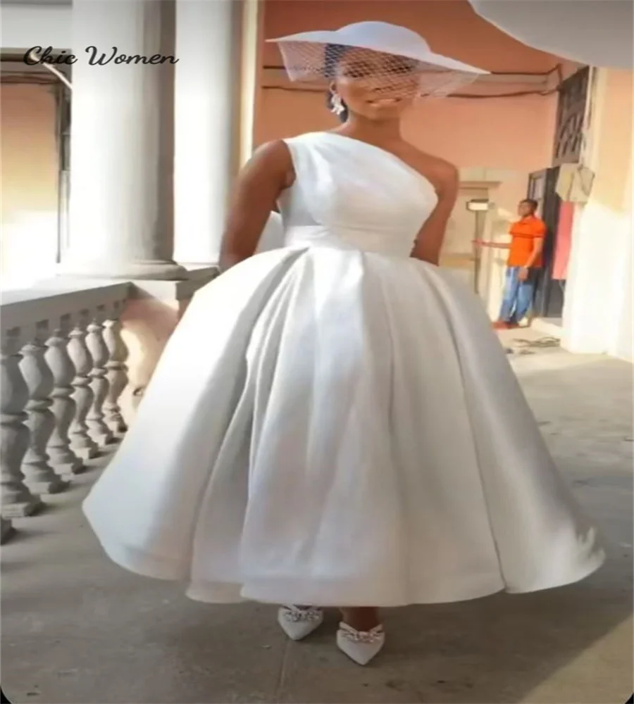 One Shoulder Tea Length Wedding Dress 2024 A Line South African Nigeria Boho Bride Dress Elegant Women Beach Civil Country