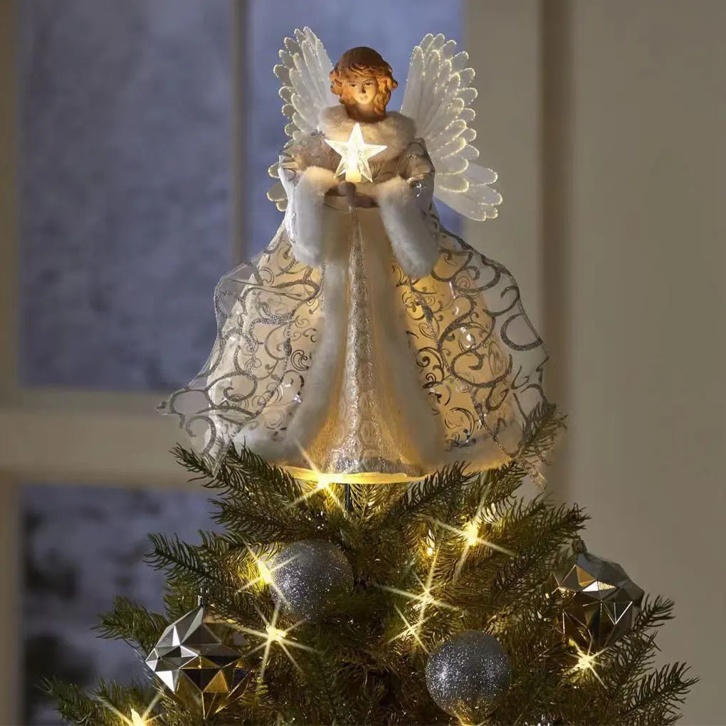 Christmas Tree Angel Topper Angel Pendant Tree Toppers Angel Figurine Treetop With LED Light Wings For Christmas Tree Decoration