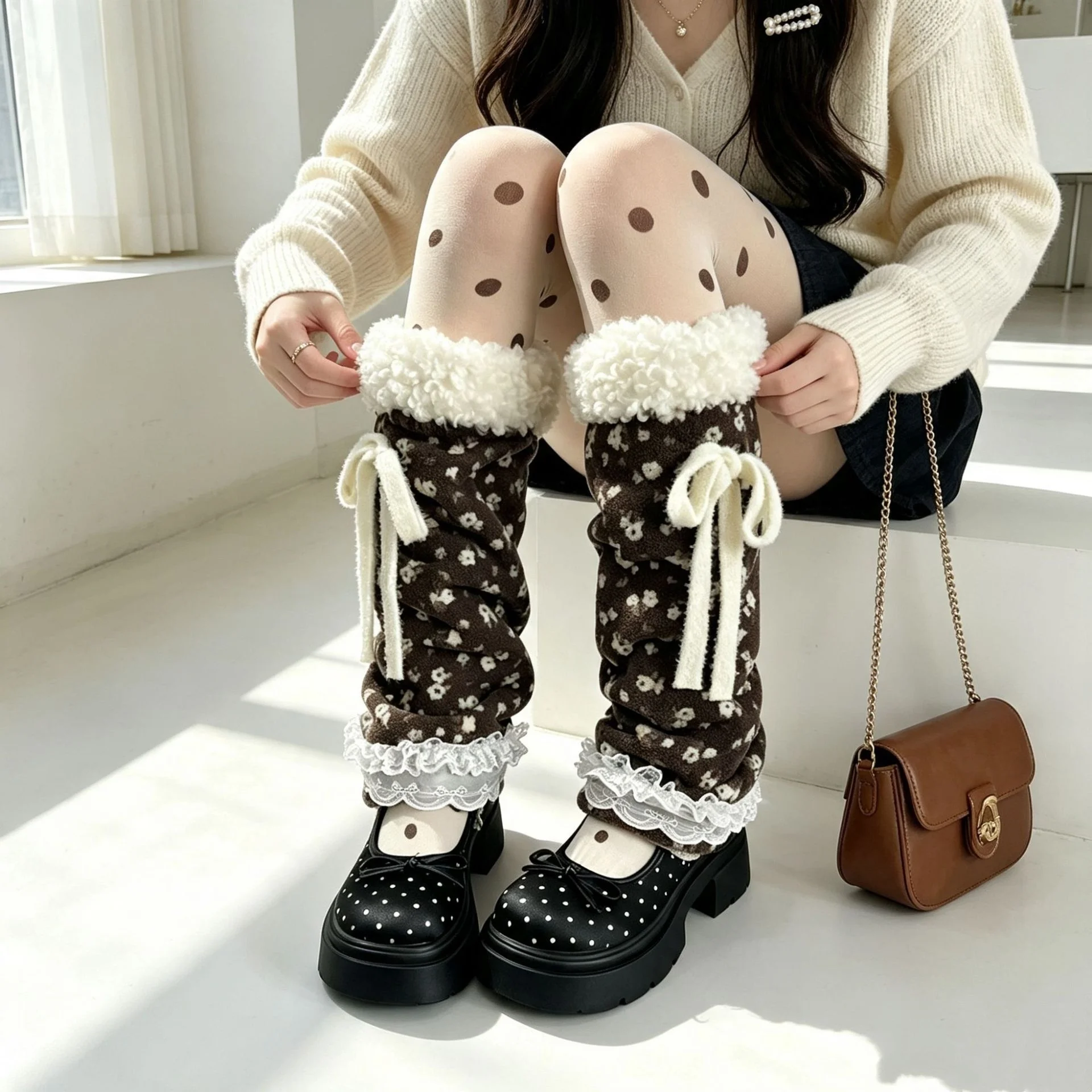 Vintage Winter Lace Ruffle Bow Tie Slouchy Leg Warmers Faux Fur Cuff Leg Covers Warm Windproof Ladies Decorative Accessory