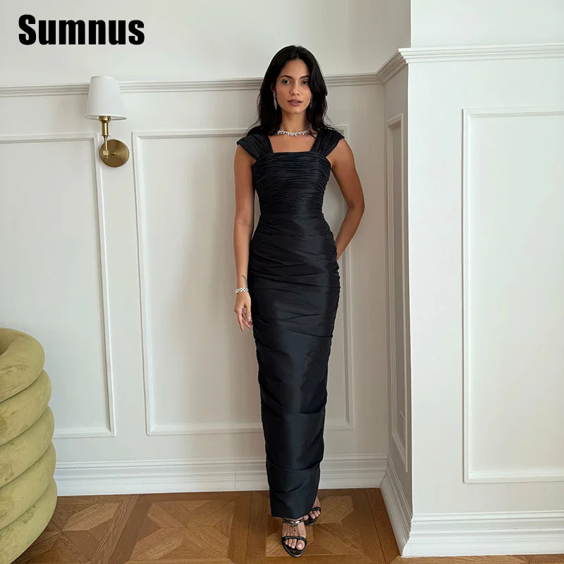 

Sumnus Simple Mermaid Evening Dress Square Collar Sleeveless Pleats Ankle Length Prom Dresses فساتين سهرة Customized