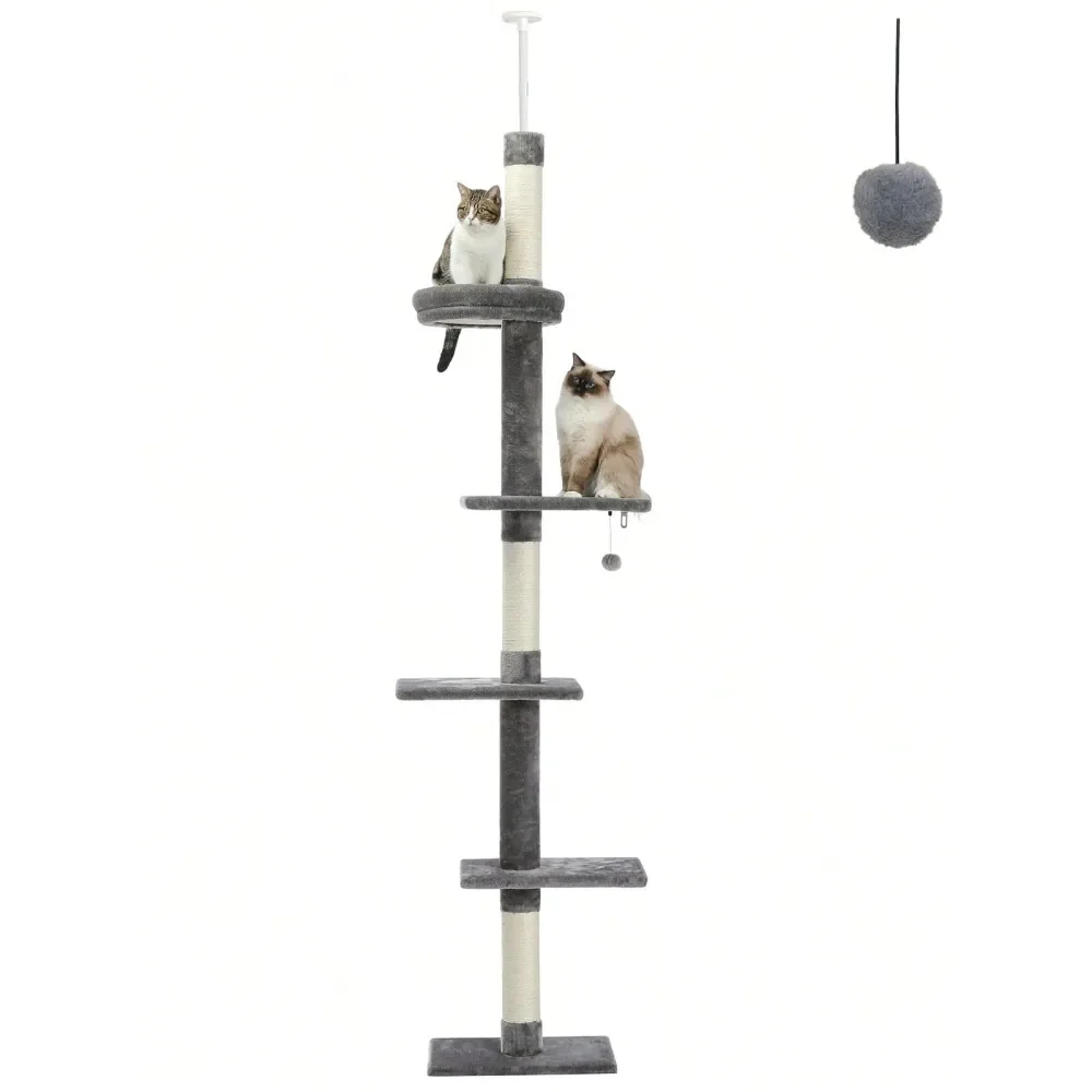 

95107 Cat Tower 5Tier Floor To Ceiling Cat Tree Height Adjustable, Tall Climbing Tree Featuring With ching Post, Cozy Bed,