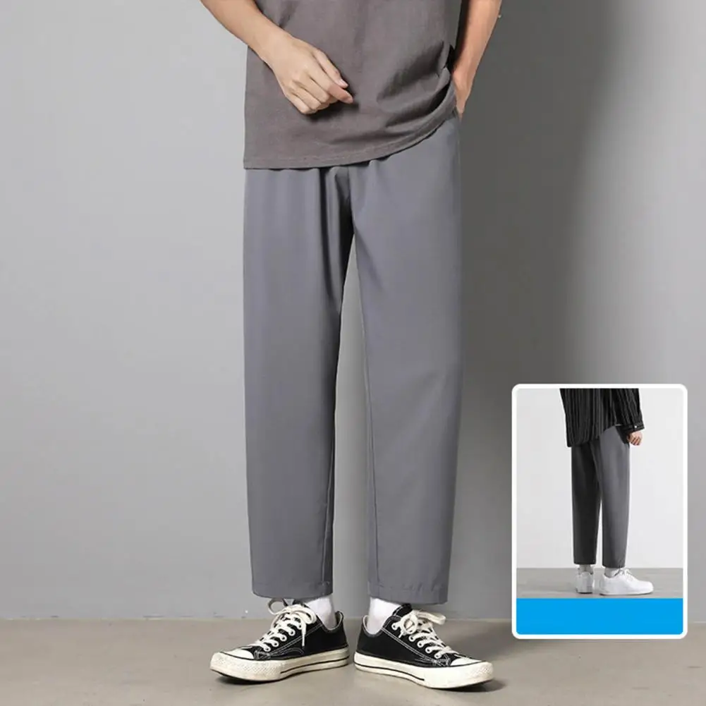 Long Trousers Stylish Shrink Resistant Men Pants Solid Color Straight Wide Leg Thin Trousers Streetwear