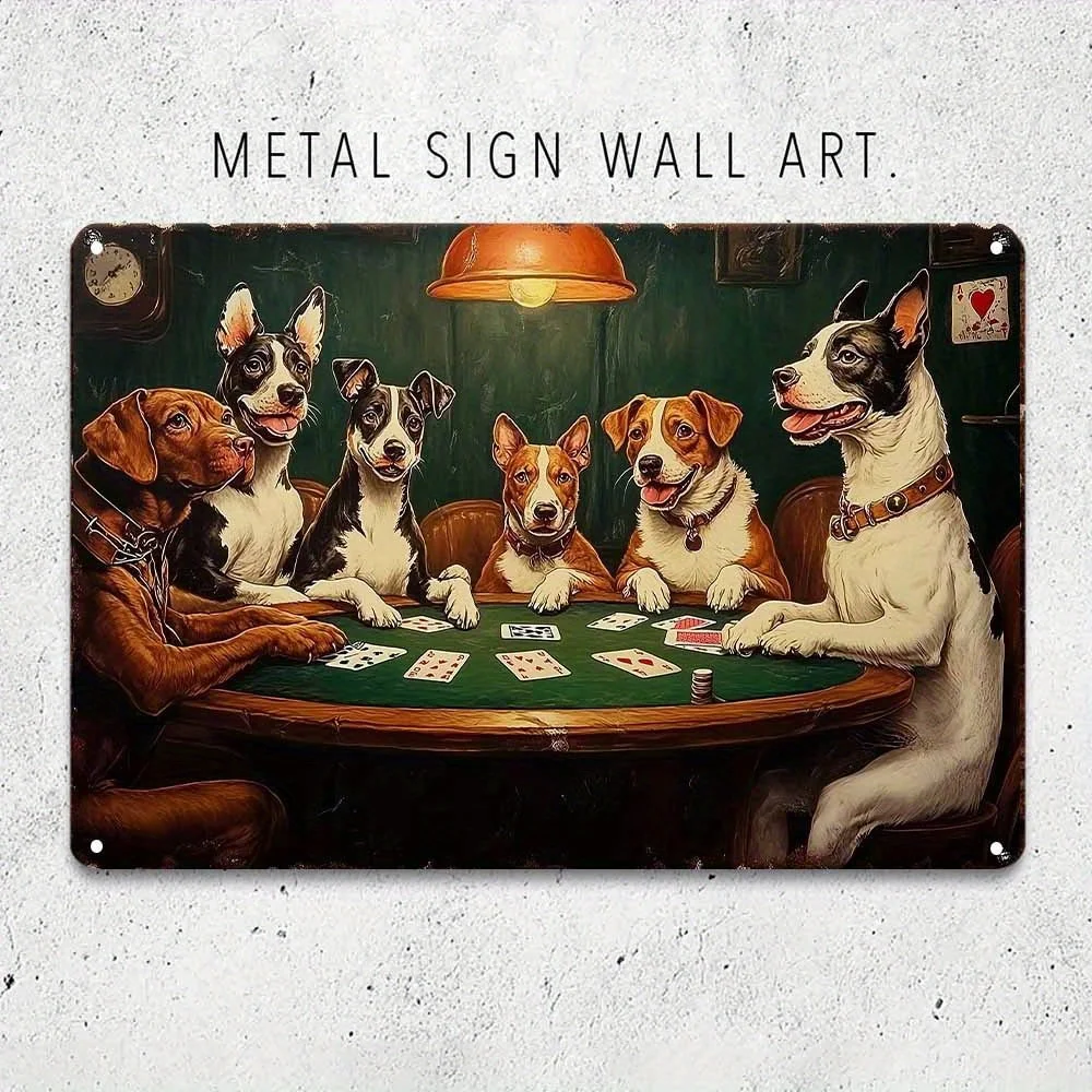 2D Flat, Vintage Dogs Playing Poker Metal Sign Suitable for Game Rooms & for Man Caves - Waterproof Indoor/Outdoor Retro Poke