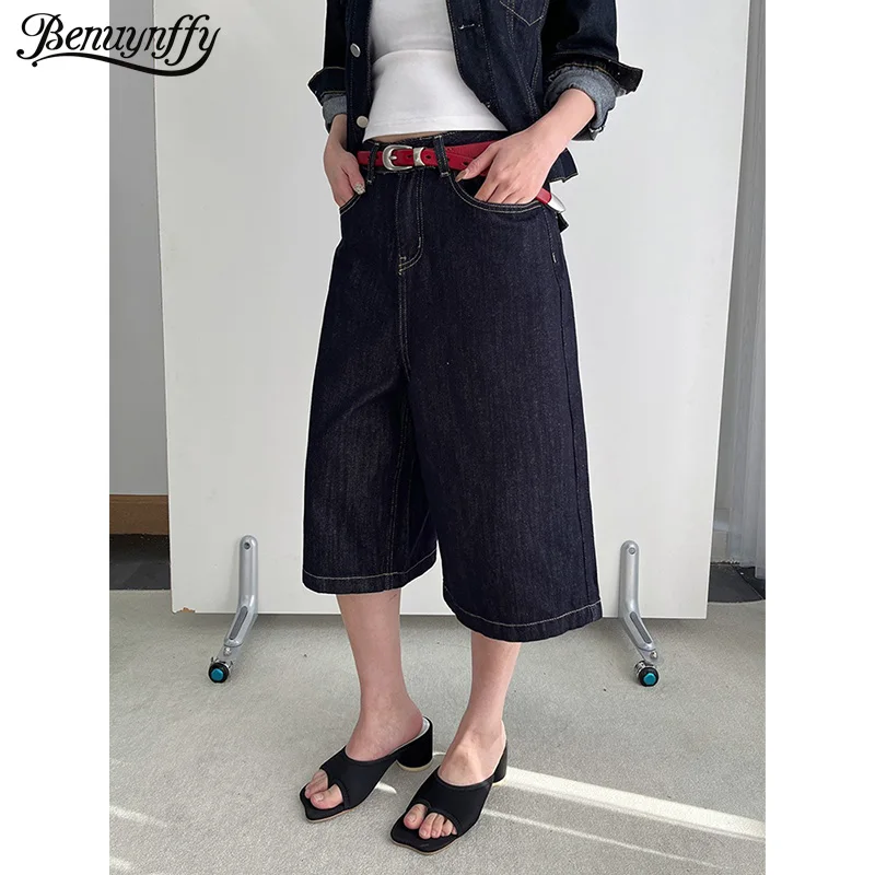 

Benuynffy American High Street Retro Mid Waisted Jeans For Women 2026 Spring New Korean Fashion Loose Wide Leg Denim Half Pants