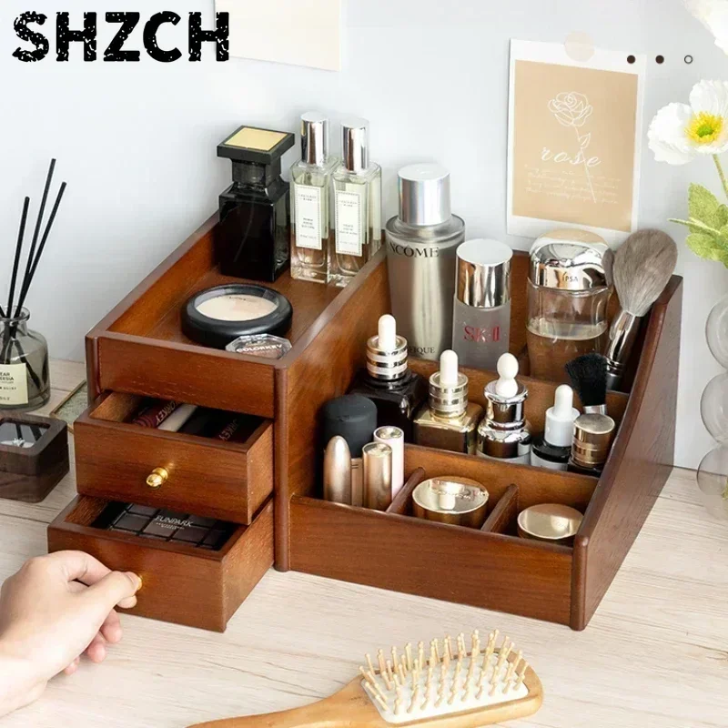 Clear Wood Texture Makeup Organizer Large Capacity Drawer Box Luxury Storage for Lipstick Mask and Skincare