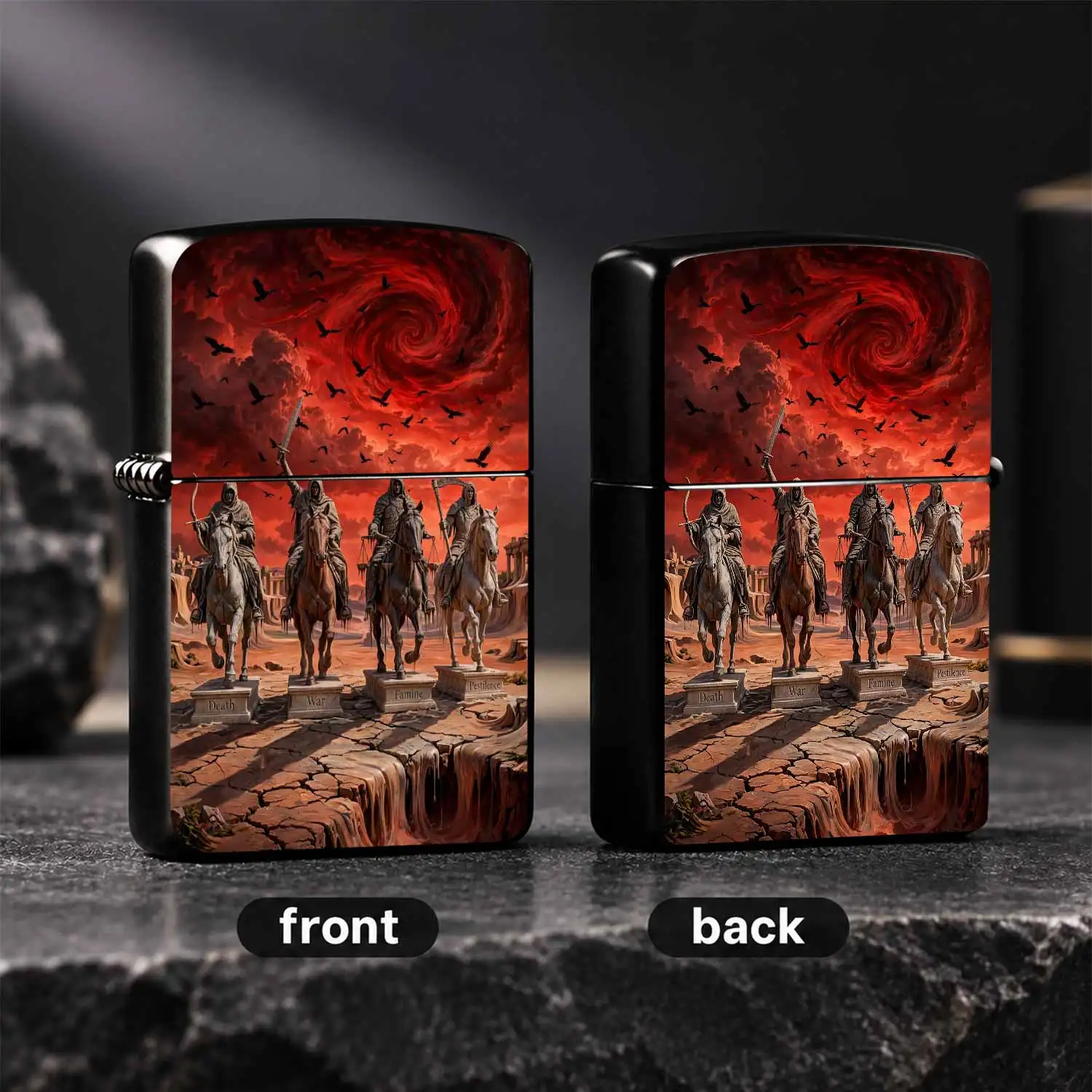 Four Horsemen Of Apocalypse Themed Lighter Red Sky Desert Ruins Art Design Full Scene Compatible Portable Unique Decorative Practical Accessory For Daily Use Gift Personalized Creative Stylish Souvenir For All Occasions A Humorous And Inter