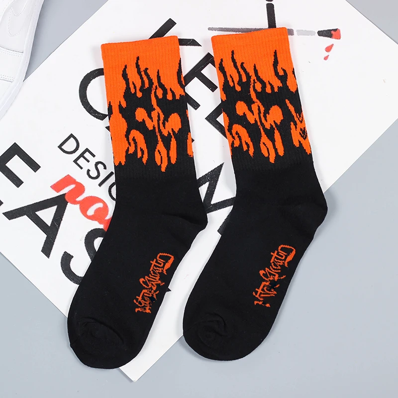 1 pair Fashion Hip Hop Hit Color On Fire Crew Men Socks Red Flame Blaze Power Torch Hot Warmth Street Skateboard Cotton Socks