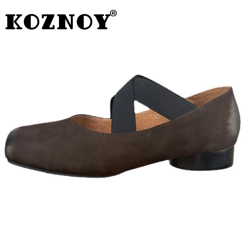 

Koznoy 3CM Cow Suede Genuine Leather Chunky Heels Pumps Women Elastic Band Sandals Slip on Summer Square Toe Retro Ballet Shoes