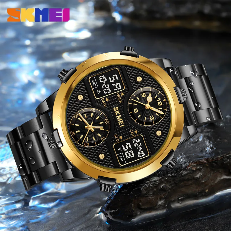 Skmei 4Time عرض مزدوج متعدد الوظائف ساعة إلكترونية عصرية للرجال لوحة كبيرة