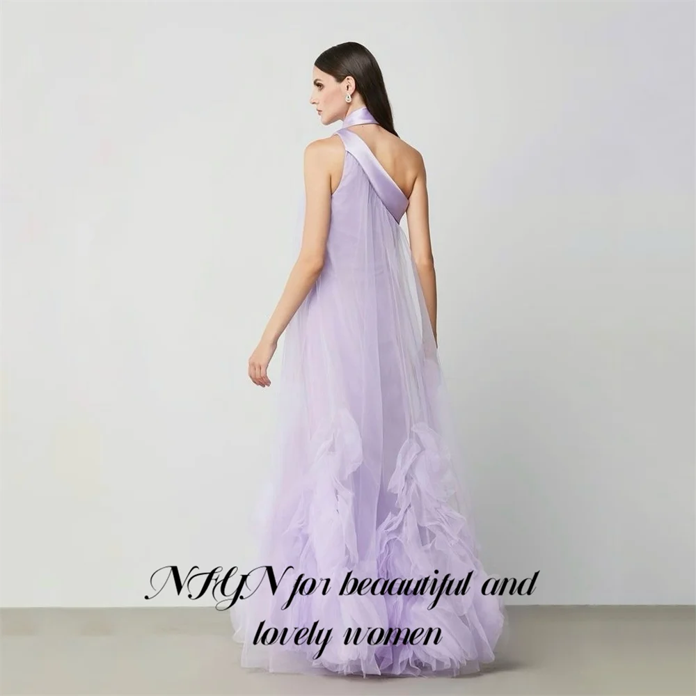 Nfyn lavanda vestidos de noite halter pescoço vestidos de baile volumoso tule vestido de celebridade sem mangas vestidos formais personalizados