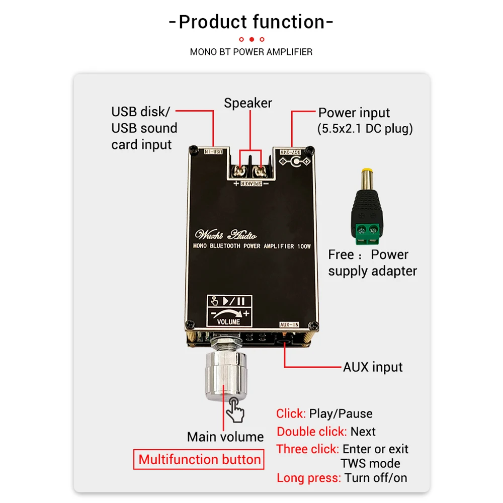 ZK-1001B Mono 100W Bluetooth Audio Amplifier Module with TWS Box Function DC7-24V Amplifier Chip TPA3116