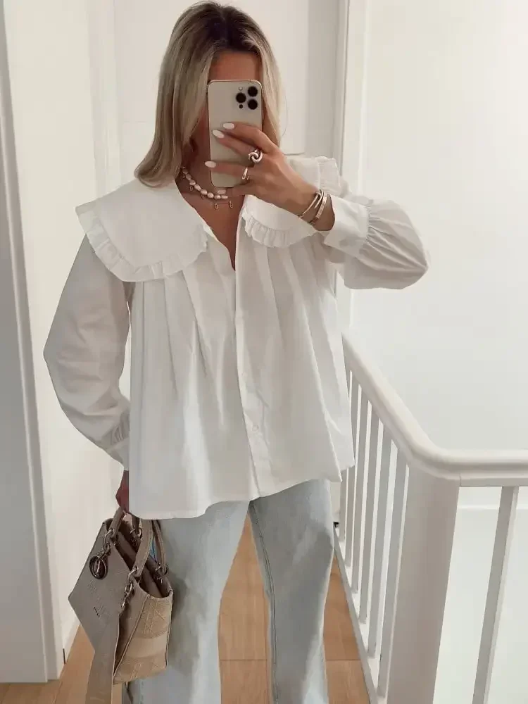 

Fashion Peter Pan Doll Collar Shirt Women Spring Summer Loose Long Sleeve Single Breasted Shirt Lady Elegant Chic Street Blouse