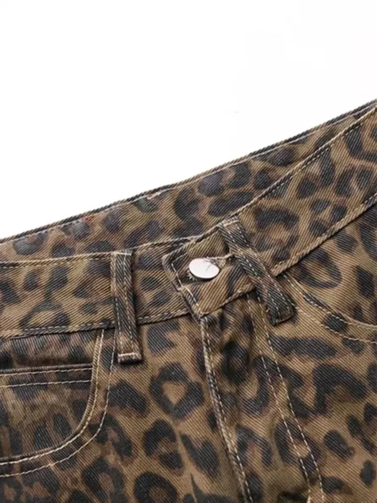 Amerikaanse vintage luipaardprint jeans dames herfst winter nieuw design gevoel kleine rechte buis overall casual broek