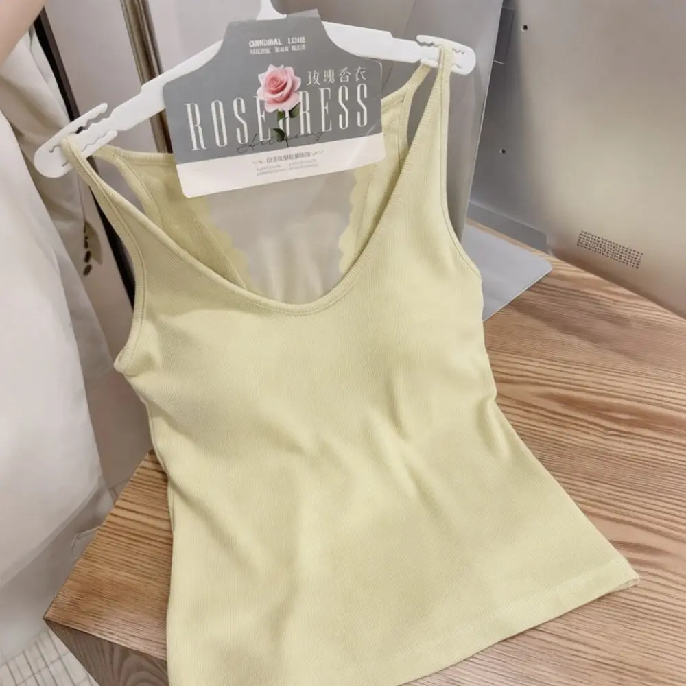 Elegant Lace Back Tank Top Women Ribbed Camisole Built In Bra Summer V Neck Slim Fit Sleeveless Soft Cotton Vest Top