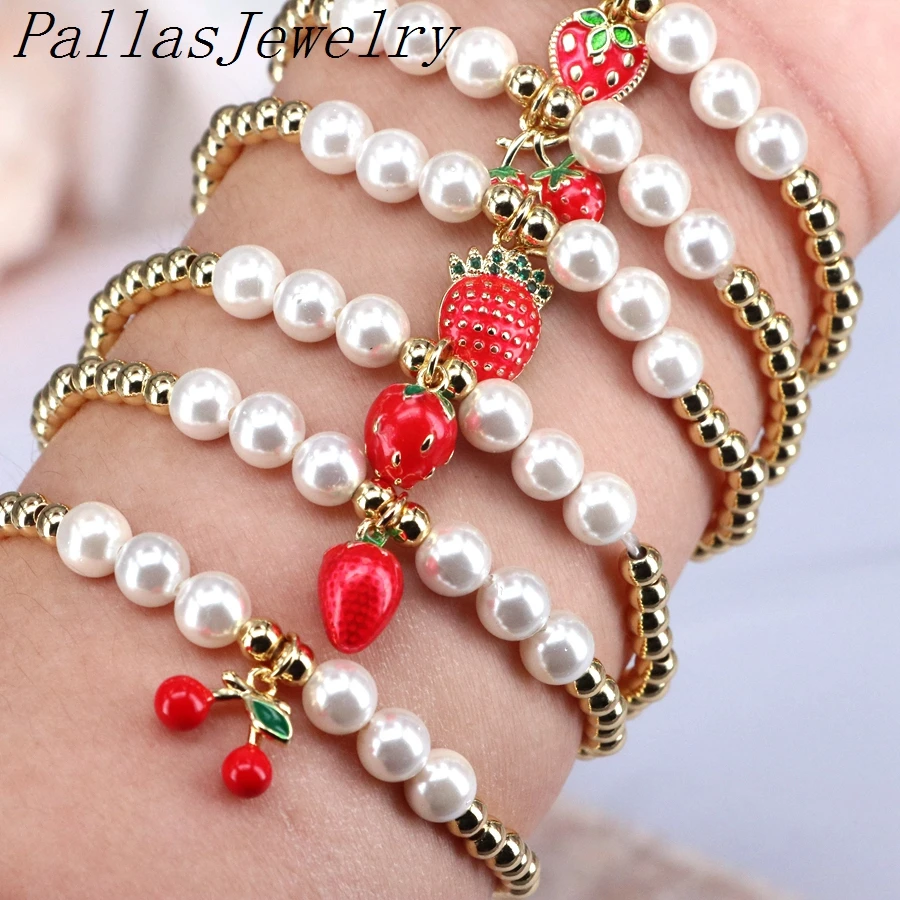 10Pcs Cute Cherry Strawberry Fruit Pearl Copper Beads Bracelets Women Girl Birthday Party Jewelry Accessories Fashion Gift