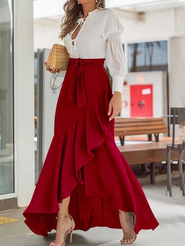 2024 Women\'s High Waist Skirt Ruffle Hem Skirt Casual Waist Elastic Mermaid Skirt Prom Party Maxi Falda Warpped Skirt Long Skirt