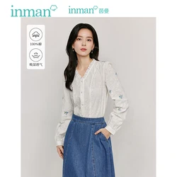 INMAN Women's Shirt  Combed Cotton Embroidery 2024 Autumn Blouse new Lace V-neck Lantern Long-sleeved