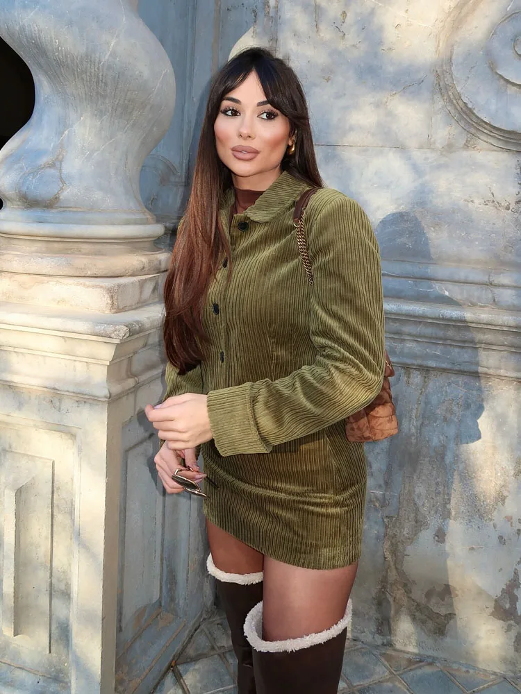 HH Women Fashion Lapel Single-Breasted Button Long Sleeve Corduroy Solid Coat+High Waist Zipper Mini Skirts 2 Piece Set