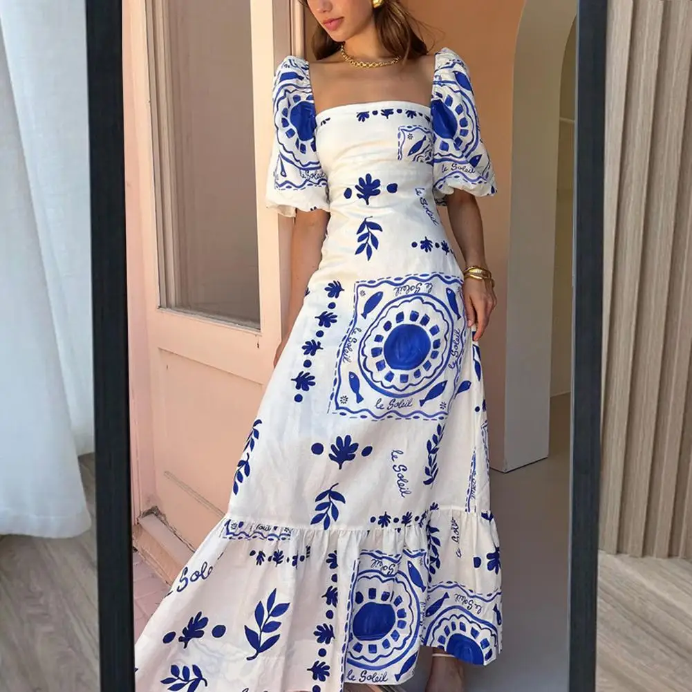 

Square Neckline Dress Floral Print Maxi Dress with Square Neckline Lantern Sleeves A-line Silhouette for Vacation Prom or Party