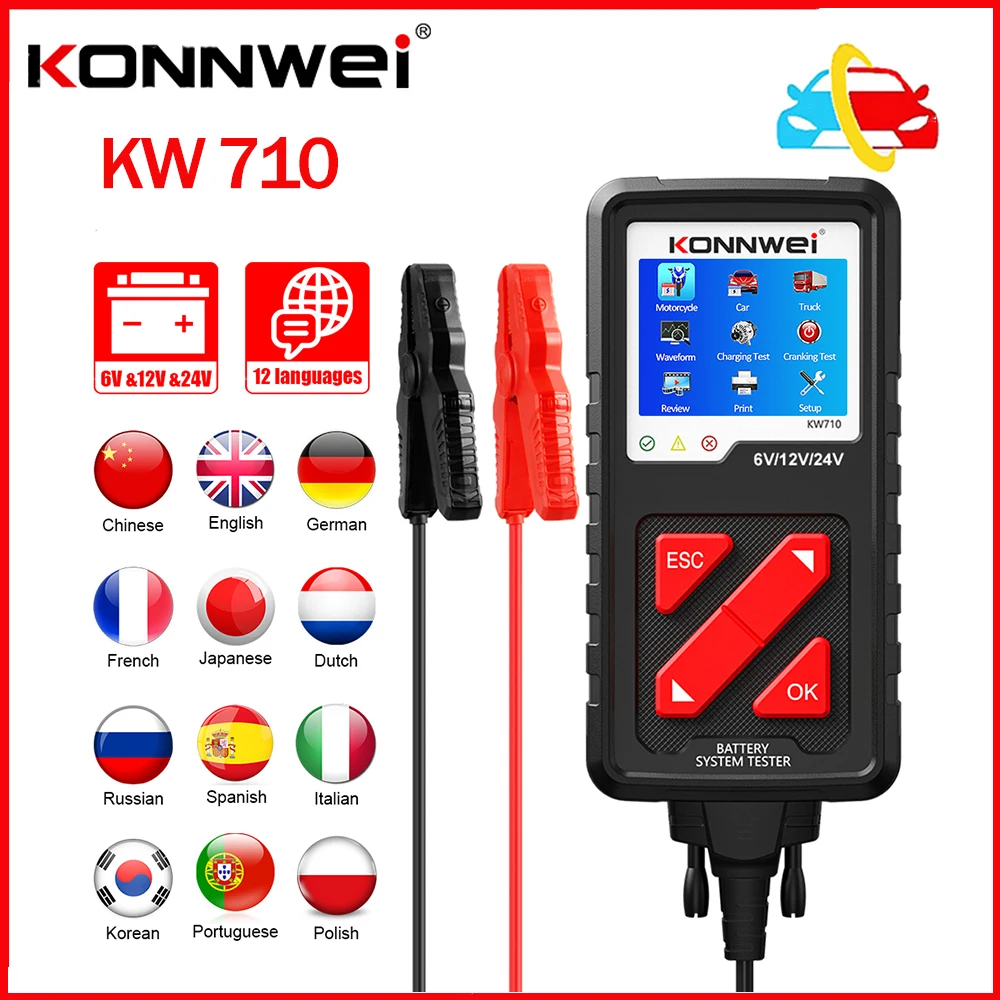 KONNWEI KW710 Motorcycle Car Truck Battery Tester KW 710 Battery Analyser 6V 12V 24V Car Cranking and Charging System Diagnosis