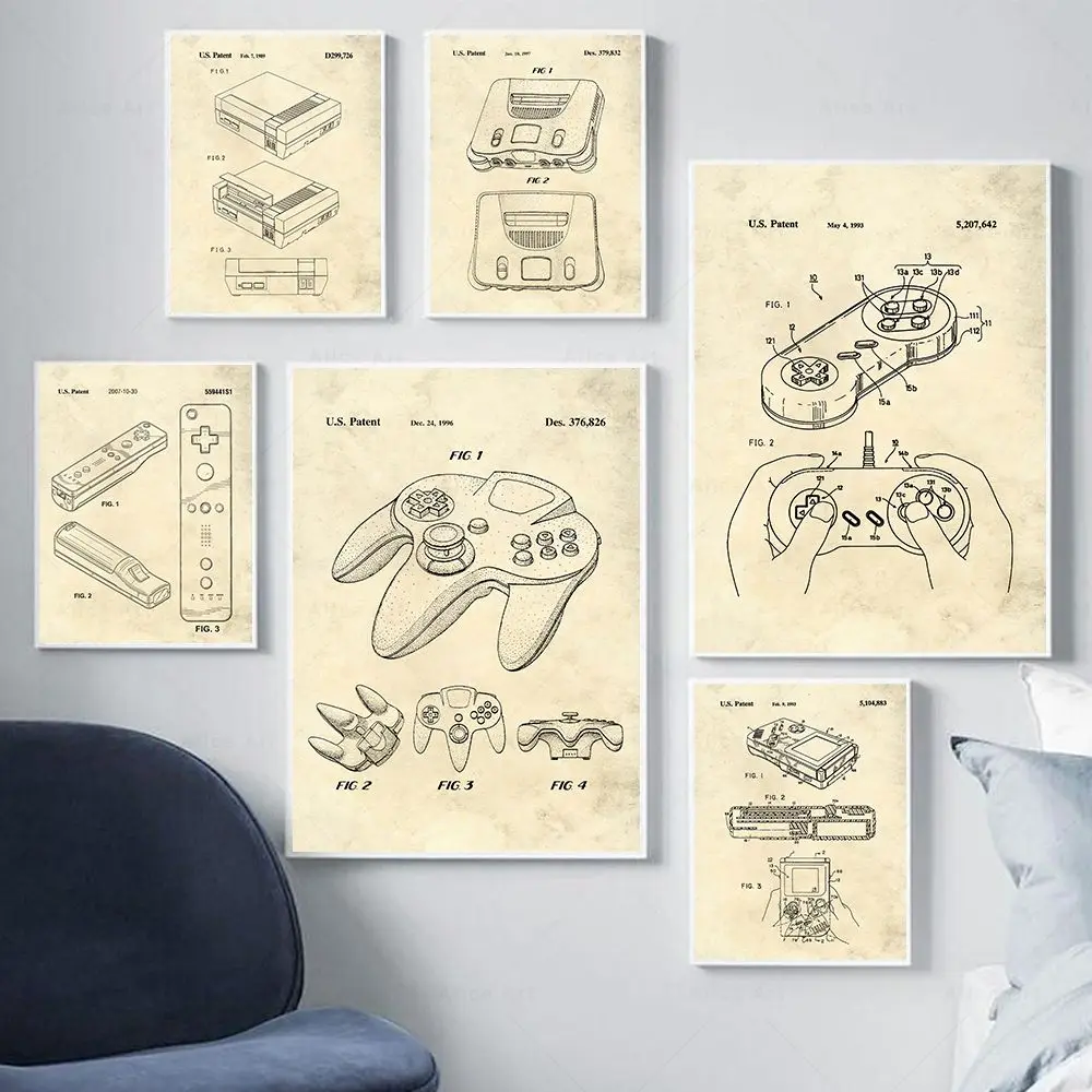 

Vintage Video Game Patent Poster Print Gift for Gamers NES Gameboy Console Wall Art Pictures Game Room Decor Canvas Painting