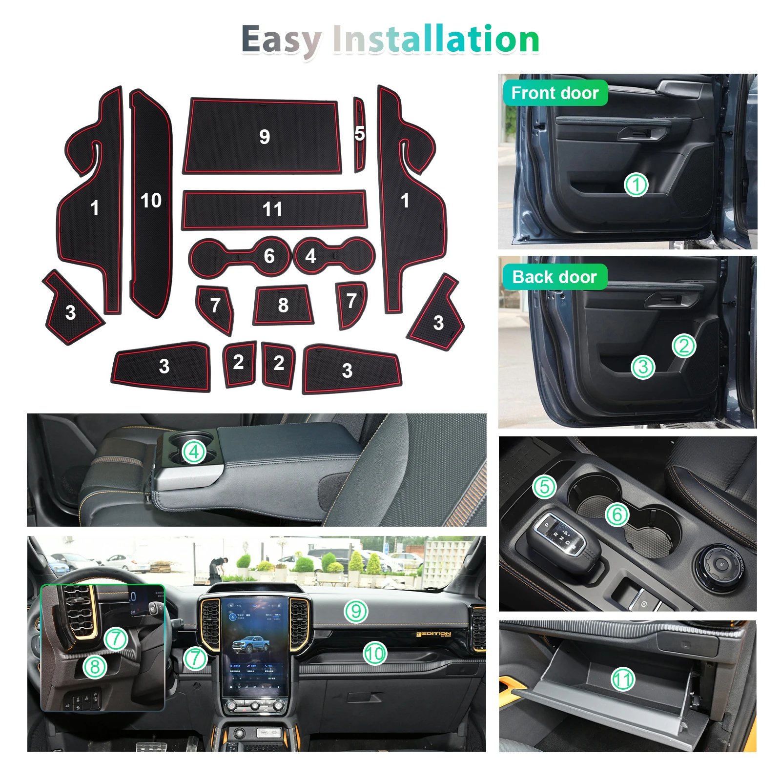 RUIYA für Ford Ranger T9 2023-2026 Elektronische Brems-Autotür-Nutmatte Rutschfeste Schlitzauflage Auto-Innenausstattung Ford Ranger Zubehör – Detail 3