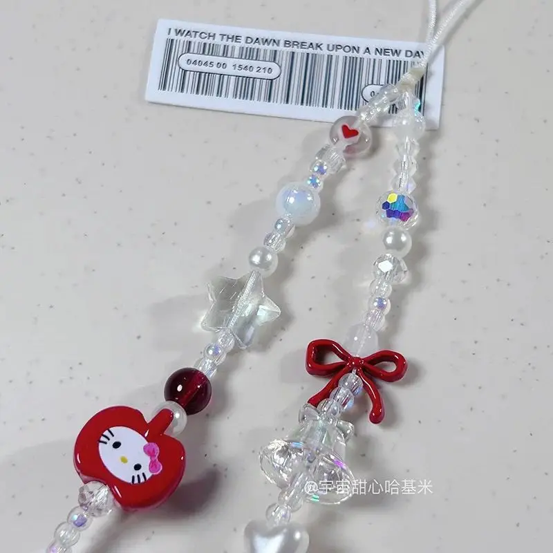 Sanrio Hello Kitty Beaded Mobile Phone Chain Kawaii Cartoon Apple Kt Pendant Creative Ccd Backpack Decoration Girls Holiday Gift