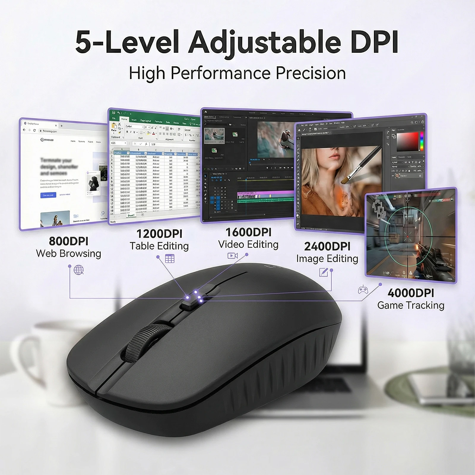 FocusOnPC 3010 Wireless BT Mouse Ultra-Light Professional Office Mouse Comfortable Grip 800-4000 DPI 66H Long Battery Life Black