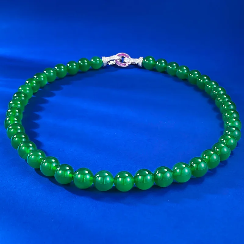 New S925 silver inlaid 10.0mm green chalcedony agate beaded women's new stroke neck chain wedding jewelry