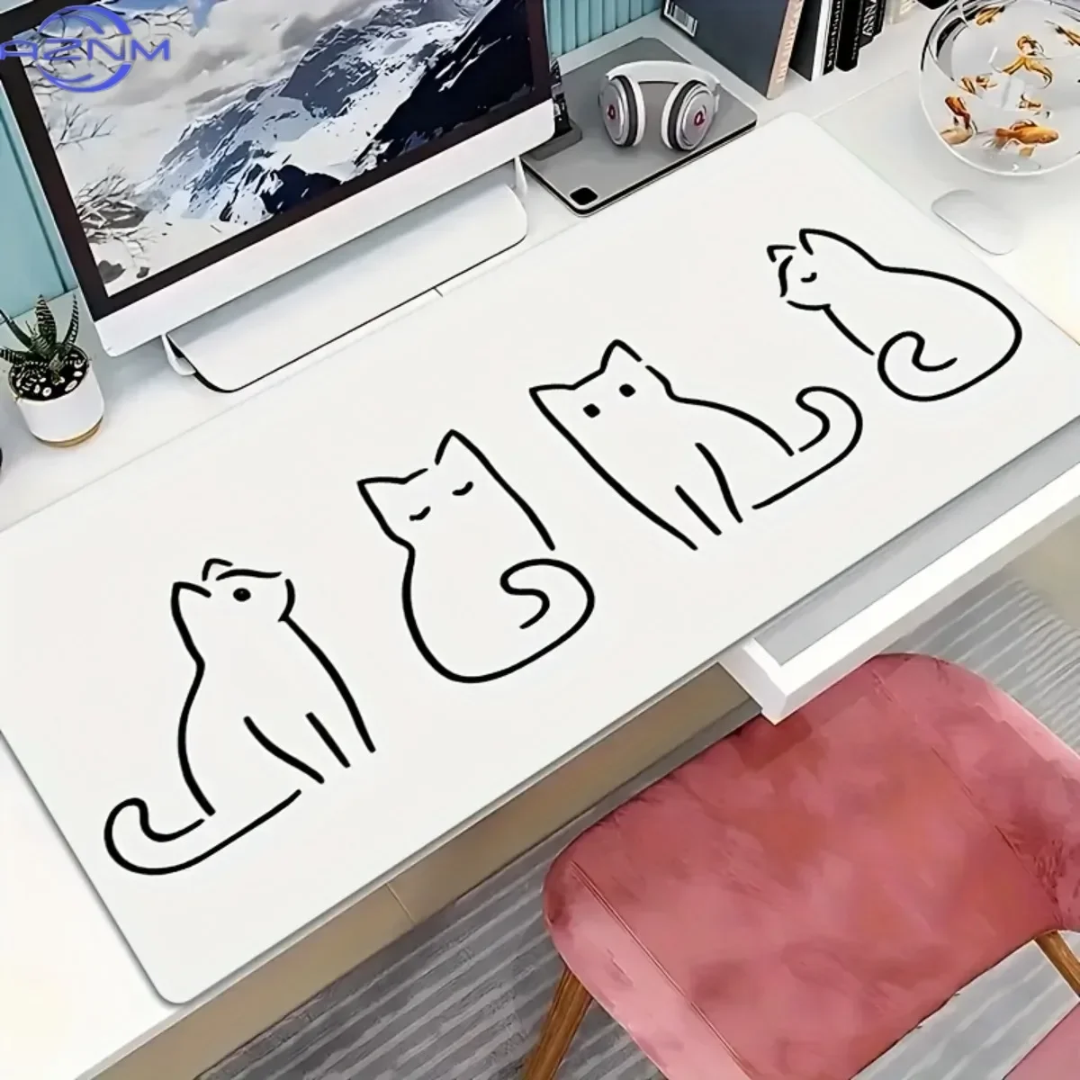Minimal Line Art Cats Large Mouse Pad, Simple Black Sketch Kitten Pattern Waterproof Non-Slip Stitched Edge Aesthetic Desk Mat