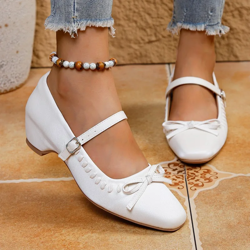 French Square Toe Bow One-word Strap Mary Jane Women's 2026 Summer New Wedge Heel Soft Sole Non-tired Foot Shoes