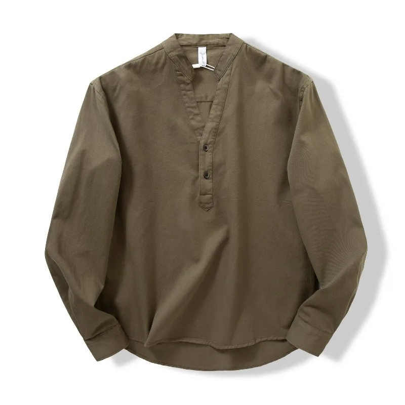 

V Neck Shirt For Man Cotton Elegant Mens Spring Autumn Japanese Style Long Sleeve Fashion Streetwear Solid Shirt Blouses