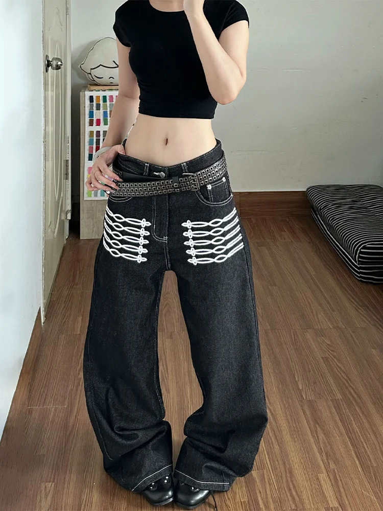 Cool Large Size American Retro Black Denim Pants Women's Loose Straight Leg Long Trousers Autumn New Style High Waist Jeans